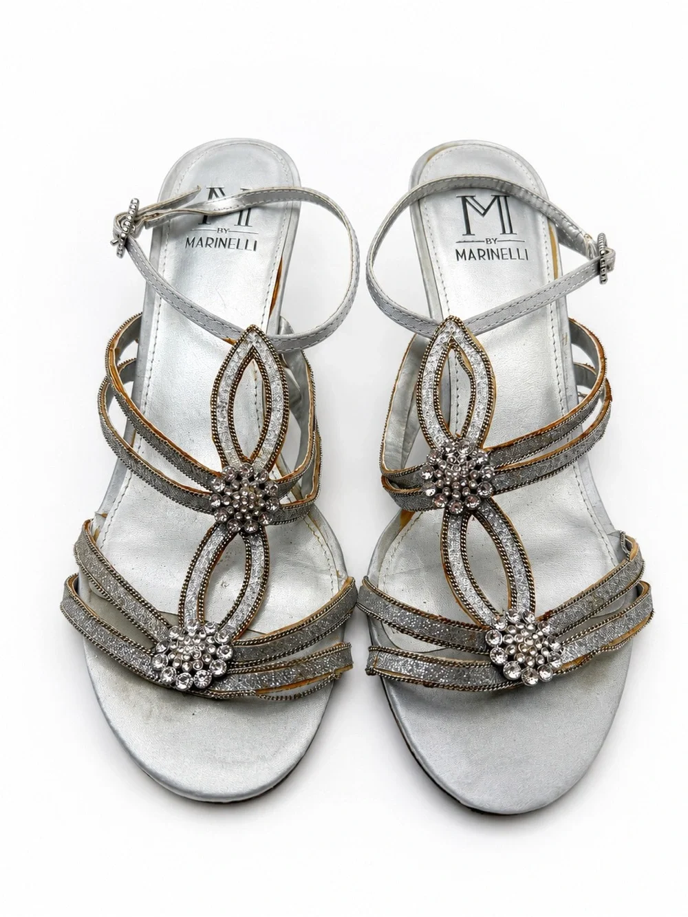 M by Marinelli Silver Rhinestone Strappy Heels – Women’s Size 7.5